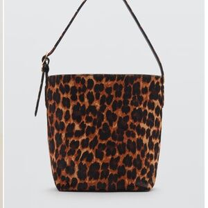 Mango Leopard Print Leather Bucket Bag